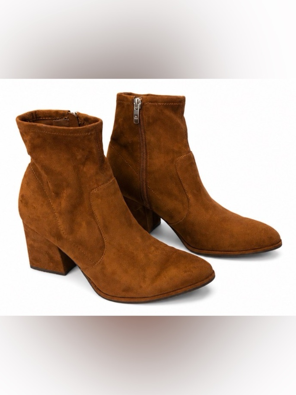 Marc Fisher Cognac Suede Ankle Booties Block Heel Side Zip Boots Women’s Size 8M